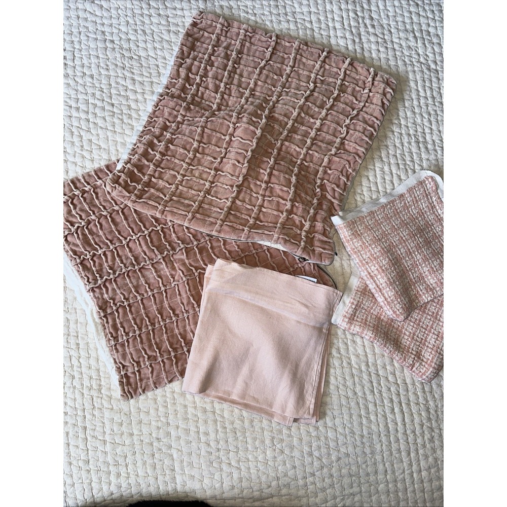 Pink Velvet Pillow Covers 20x20 Set of 6 Basketweave Linen Cotton Decorative
